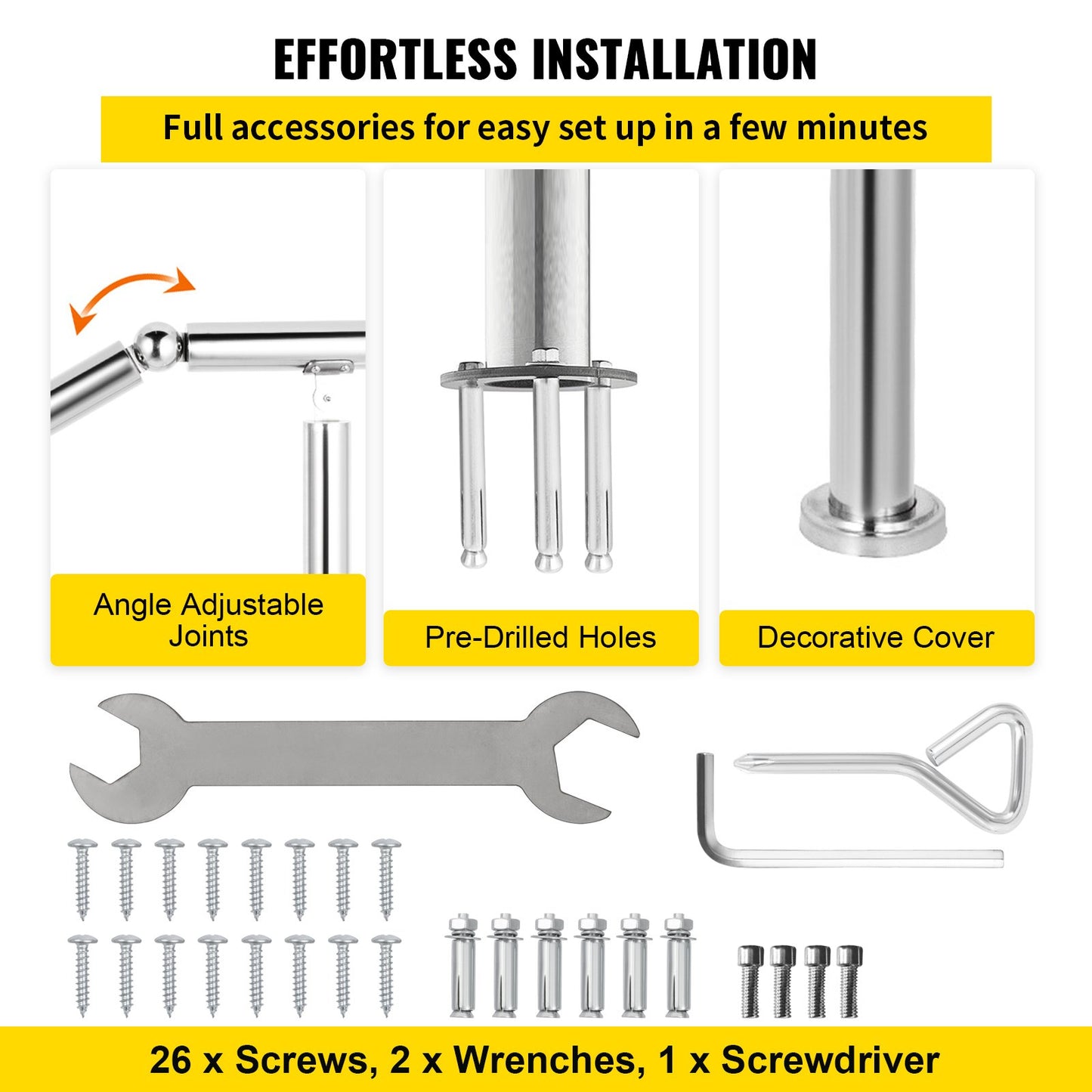 5 Step Railing Stainless Steel Transitional Handrail fit for Level Surface and 1 to 5 Steps Adjustable Stair Railing Indoor Outdoor Step Railings 99.8 kg Capacity W/ Installation Kit Porch DIY