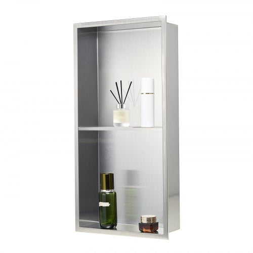 Shower Niche, 33.0 x 63.5 x 10.2 cm Recessed Wall Niche Double-layer, with Hollowed-out Divider, Heavy-duty Stainless Steel Modern Shampoo Storage Organizer, Waterproof, Silver for Bathroom