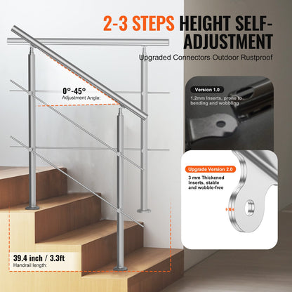 100.1 cm Handrails for Outdoor Steps 2 Crossbars Staircase for Porch Deck