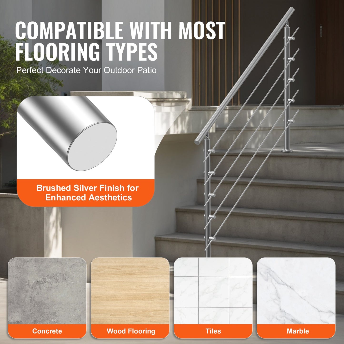 Handrails for Outdoor Steps, 59 in Length 5 Crossbars Stair Hand Rail Kit, Transitional Stainless Steel Railings w/ Installation Kit, Double-column Staircase Handrails for Seniors,Porch & Deck