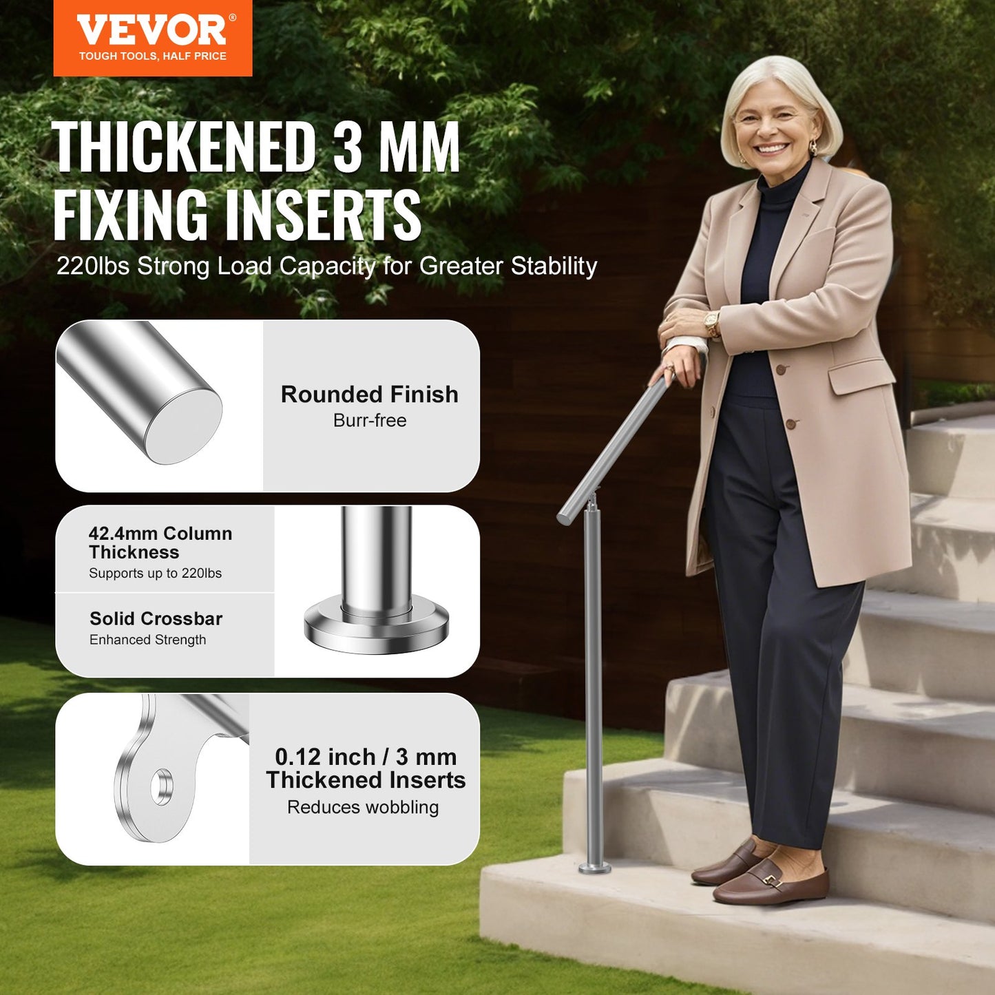 Handrails for Outdoor Steps, 59 in/ 150cm Length Stair Hand Rail Kit, Transitional Stainless Steel Railings with Installation Kit, Double-column Staircase Handrails for Seniors,Porch & Deck