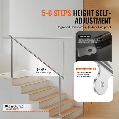 Handrails for Outdoor Steps, 70.9 in/ 180cm Length Stair Hand Rail Kit, Transitional Stainless Steel Railings with Installation Kit, Double-column Staircase Handrails for Seniors,Porch & Deck