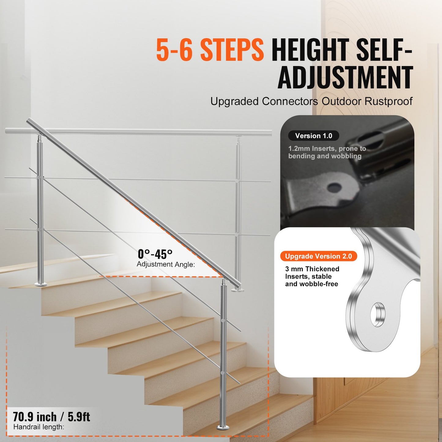 180.1 cm Handrails for Outdoor Steps 2 Crossbars Staircase for Porch Deck