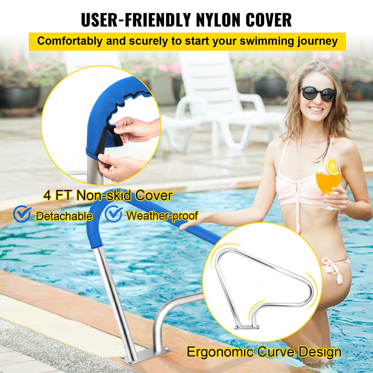 Poolräcke 39x32" poolräcke 304 rostfritt stål 250lbs lastkapacitet silver rostfritt poolräcke humaniserat poolräcke med blått greppskydd och M8-borr och självgängande skruvar