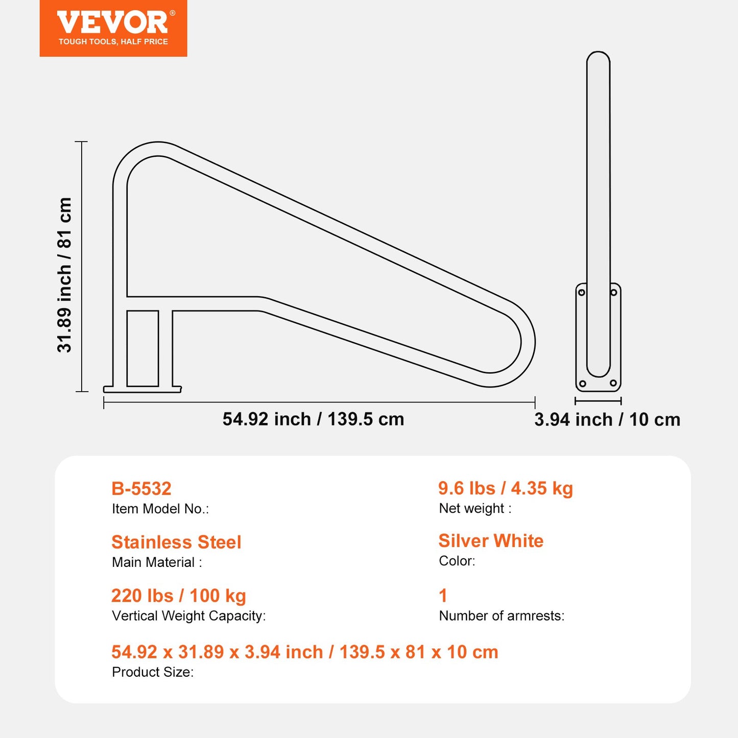 Poolräcke, 55 x 32 tum poolräcke, rostfritt stål med bottenplatta för inomhus-/utomhuspooler, säkerhetsräcke för pooldäck, rostfritt stödhandtag med greppskydd och tillbehör för spa