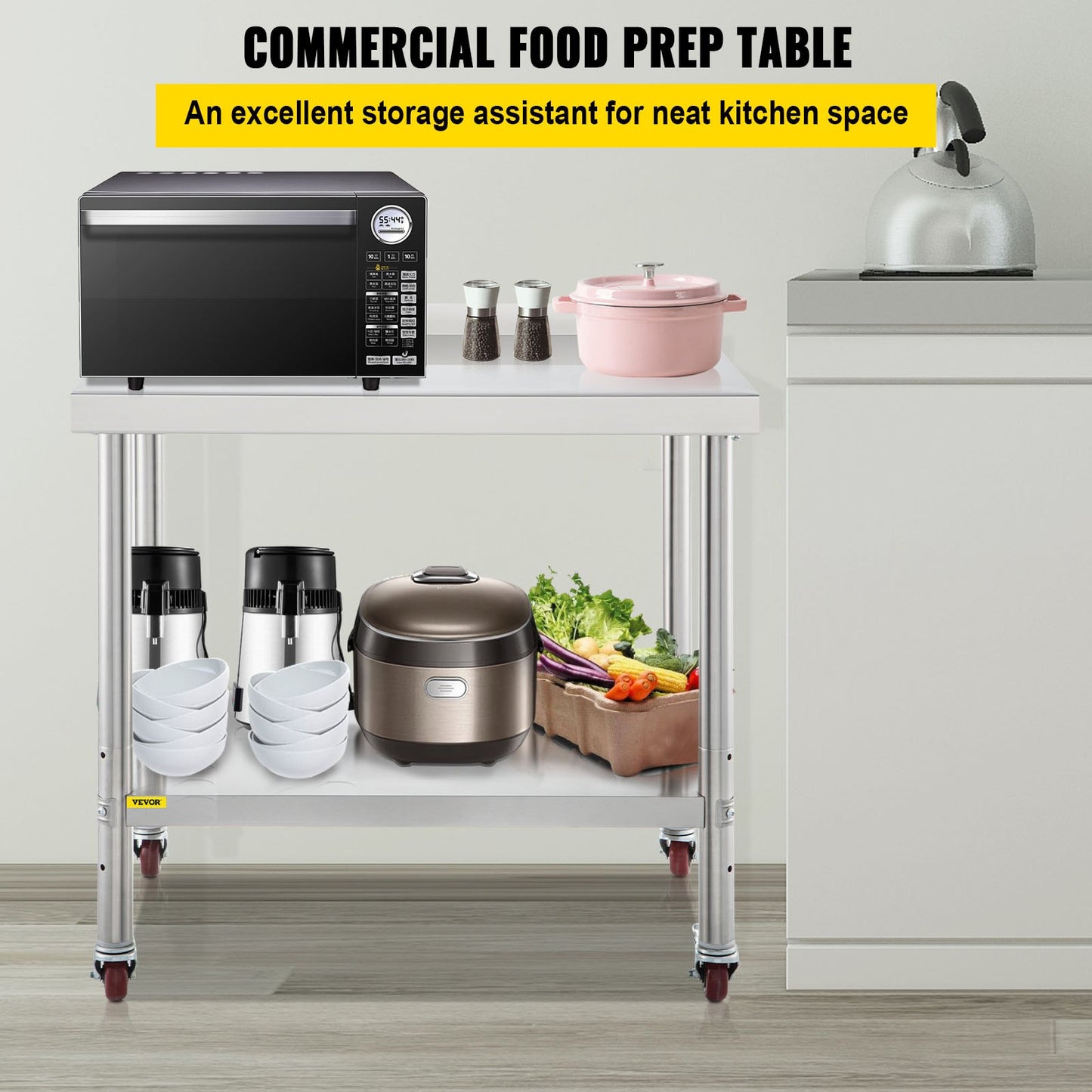 Stainless Steel Prep Table, 30 x 24 x 35 Inch, 440lbs Load Capacity Heavy Duty Metal Worktable with Backsplash Adjustable Undershelf & 4 Casters, Commercial Workstation for Kitchen Restaurant