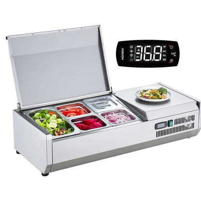 Refrigerated Condiment Prep Station, 140 W Countertop Refrigerated Condiment Station, with 1 1/3 Pan & 4 1/6 Pans, 304 Stainless Body and PC Lid, Sandwich Prep Table with Stainless Guard, CE