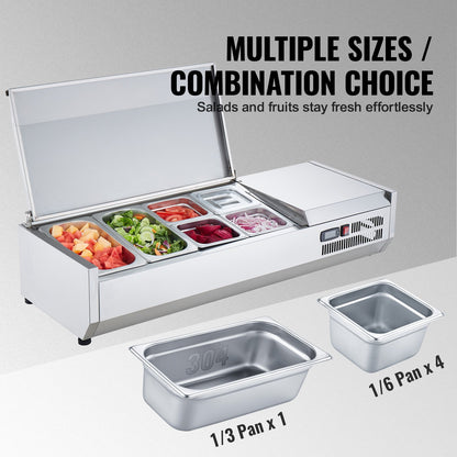 Refrigerated Condiment Prep Station, 140 W Countertop Refrigerated Condiment Station, with 2 1/3 Pans & 4 1/6 Pans, 304 Stainless Body and PC Lid, Sandwich Prep Table with Stainless Guard, CE