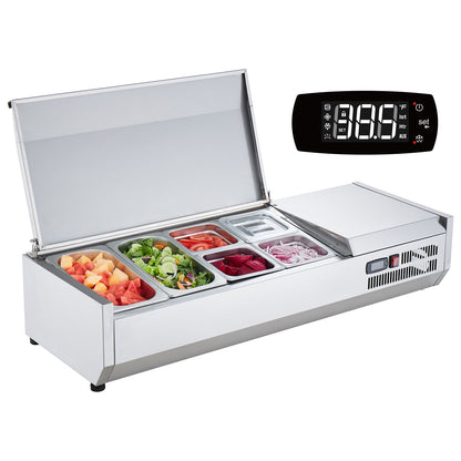 Refrigerated Condiment Prep Station, 140 W Countertop Refrigerated Condiment Station, with 2 1/3 Pans & 4 1/6 Pans, 304 Stainless Body and PC Lid, Sandwich Prep Table with Stainless Guard, CE