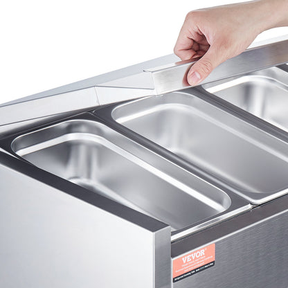 Refrigerated Condiment Prep Station, 140 W Countertop Refrigerated Condiment Station, with 2 1/3 Pans & 4 1/6 Pans, 304 Stainless Body and PC Lid, Sandwich Prep Table with Stainless Guard, CE