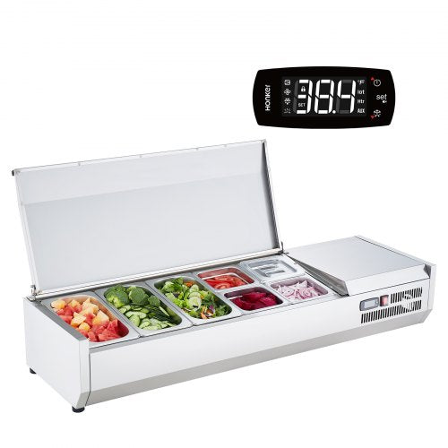 Refrigerated Condiment Prep Station, 150 W Countertop Refrigerated Condiment Station, with 3 1/3 Pans & 4 1/6 Pans, 304 Stainless Body and PC Lid, Sandwich Prep Table with Stainless Guard, CE