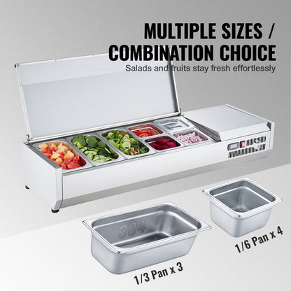 Refrigerated Condiment Prep Station, 150 W Countertop Refrigerated Condiment Station, with 3 1/3 Pans & 4 1/6 Pans, 304 Stainless Body and PC Lid, Sandwich Prep Table with Stainless Guard, CE