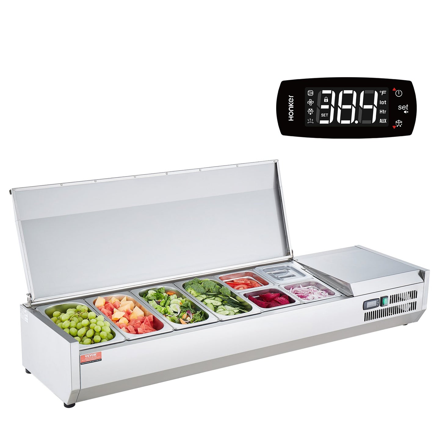 Refrigerated Condiment Prep Station, 155 W Countertop Refrigerated Condiment Station, with 4 1/3 Pans & 4 1/6 Pans, 304 Stainless Body and PC Lid, Sandwich Prep Table with Stainless Guard, CE