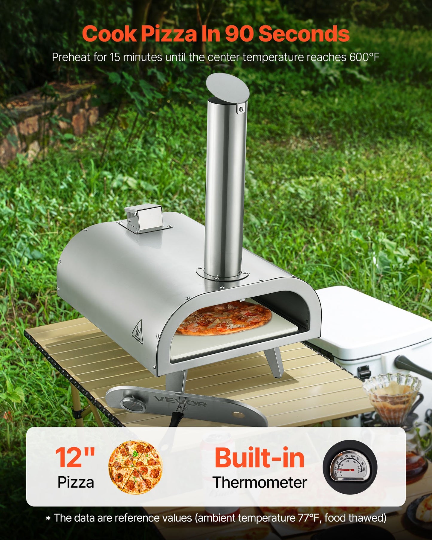 Pizza Oven Outdoor, 12" Pellet Pizza Oven, Portable Pizza-Stove with Built-in Thermometer, Wood Fired Stainless Steel Pizza-Maker, for Backyard, Camping, Pizza-Stone, Shovel, Carry Bag, Silver