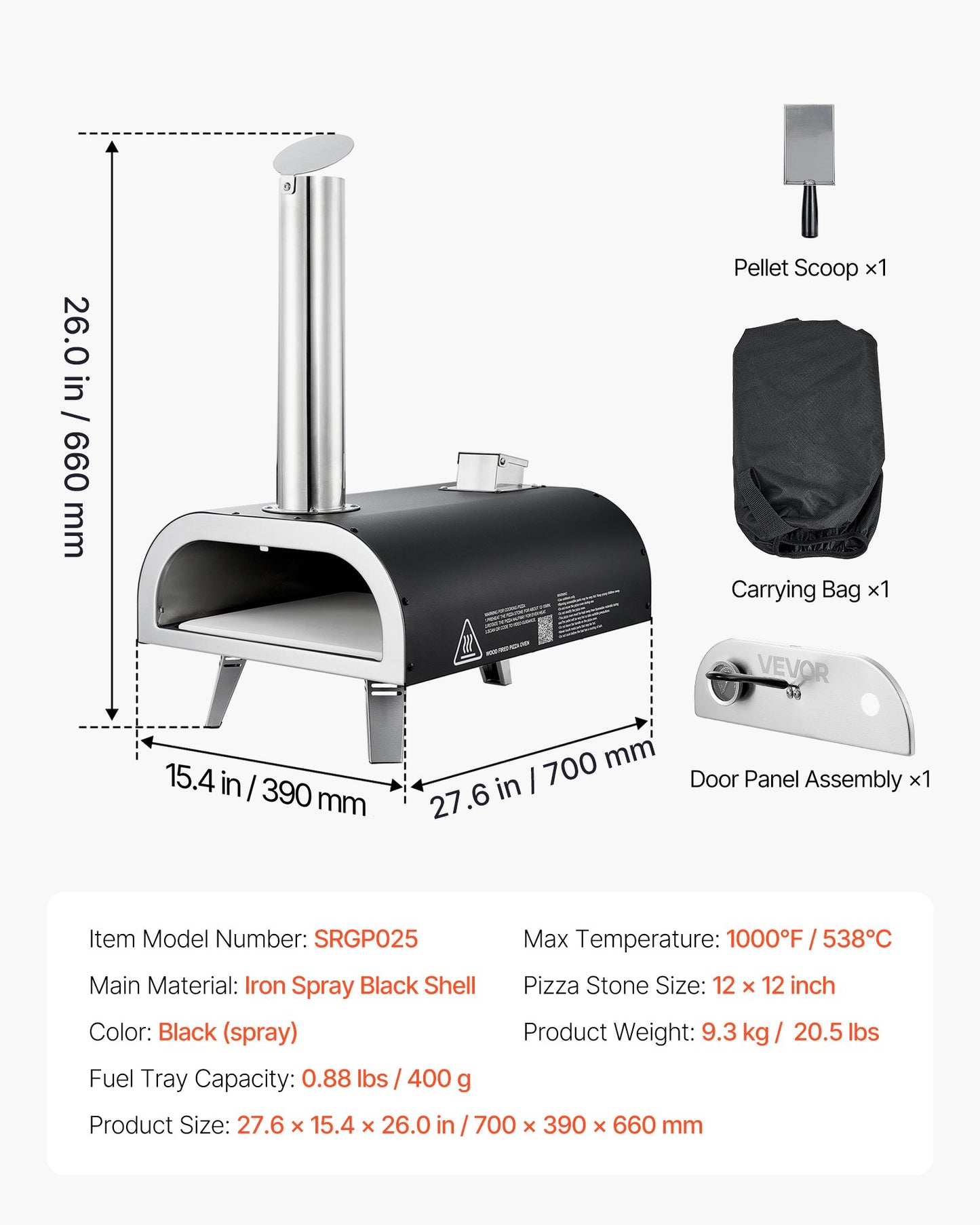 Outdoor Pizza Oven, 12 Inch Wood Fired Pizza Ovens, Pellet Pizza-Stove with Thermometer, Portable Pizza-Maker for Outside Backyard Patio Camping, Pizza-Stone, Carry Bag, Shovel, Black