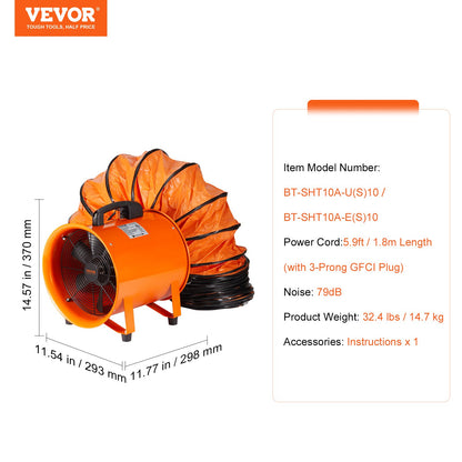 Portable Ventilator, 254mm Heavy Duty Cylinder Fan with 10m Duct Hose, 255W Strong Shop Exhaust Blower 1720CFM, Industrial Utility Blower for Sucking Dust, Smoke, Smoke Home/Workplace