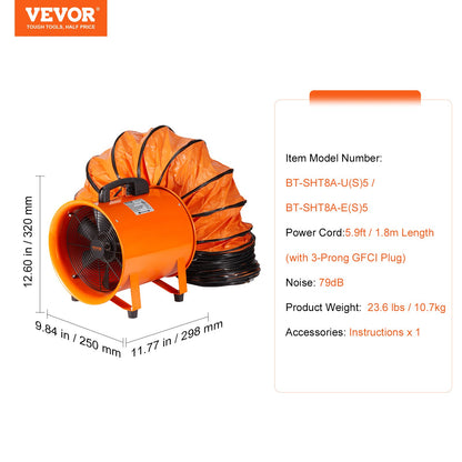 Portable Ventilator, 203.2mm Heavy Duty Cylinder Fan with 5m Duct Hose, 145W Strong Shop Exhaust Blower 1020CFM, Industrial Utility Blower for Sucking Dust, Smoke, Smoke Home/Workplace