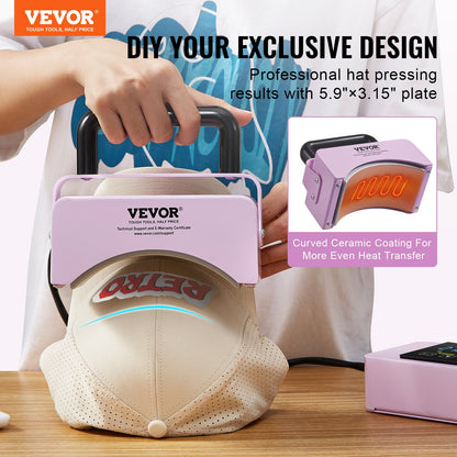 Hat Press Machine, Mini Hat Heat Press for Caps with Integrated Control Panel, Cap Heat Press Machine with 5.9x3.15 inch Curved Heating Plate, Safety Base, and Glove, Automatic Shut-Off, Purple