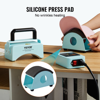 Hat Press Machine, Mini Hat Heat Press for Caps with Integrated Control Panel, Cap Heat Press Machine with 5.9x3.15 inch Curved Heating Plate, Safety Base, and Glove, Automatic Shut-Off, Green