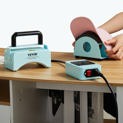 Hat Press Machine, Mini Hat Heat Press for Caps with Integrated Control Panel, Cap Heat Press Machine with 5.9x3.15 inch Curved Heating Plate, Safety Base, and Glove, Automatic Shut-Off, Green