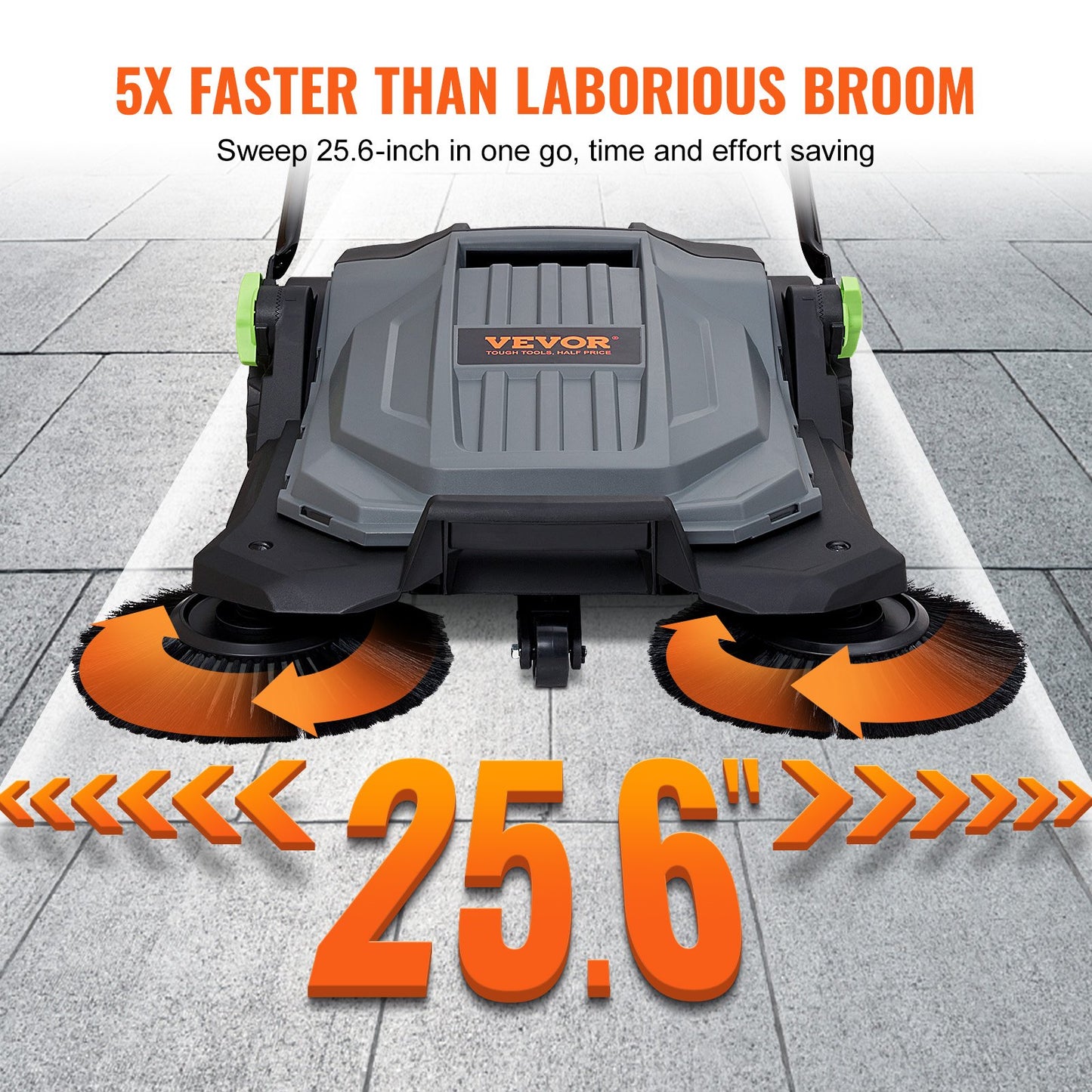 Handdriven golvsopmaskin, 65 cm sopbredd, manuell, icke-elektrisk, 18,9-liters avfallsbehållare, vinkel- och höjdjusterbart, fällbart handtag för gångväg, gård, garage, uteplats