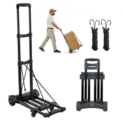 Folding Hand Truck, 131.5 kg Load Capacity, Collapsible Luggage Cart with 4 Wheels, 2 Elastic Ropes & Expandable Base, Utility Dolly Platform Cart for Airport Travel Luggage Office Moving, Black