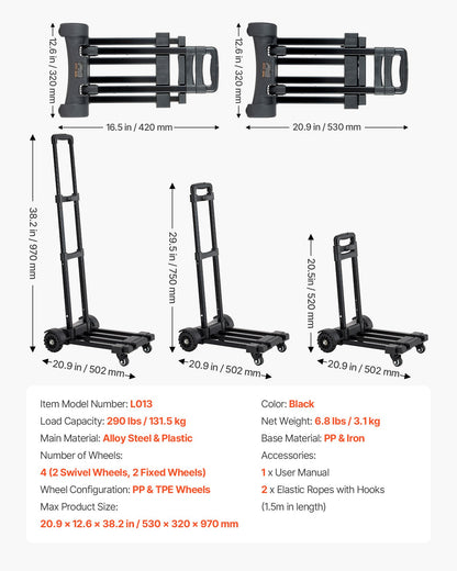 Folding Hand Truck, 131.5 kg Load Capacity, Collapsible Luggage Cart with 4 Wheels, 2 Elastic Ropes & Expandable Base, Utility Dolly Platform Cart for Airport Travel Luggage Office Moving, Black