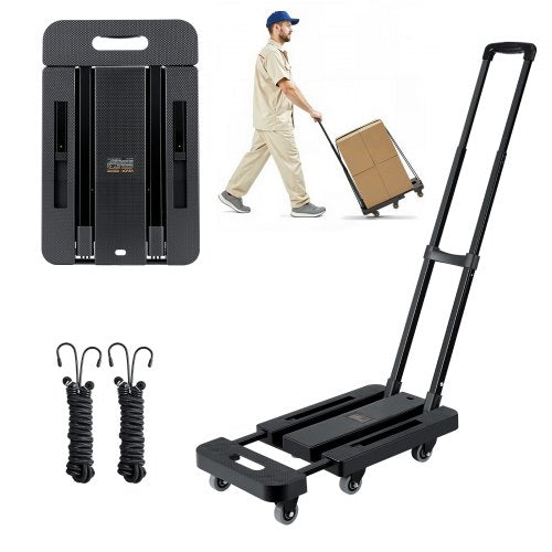 Folding Hand Truck, 226.8 kg Load Capacity, Collapsible Luggage Cart with 6 Wheels, 2 Elastic Ropes & Expandable Base, Utility Dolly Platform Cart for Airport Travel Luggage Office Moving, Black
