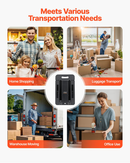 Folding Hand Truck, 226.8 kg Load Capacity, Collapsible Luggage Cart with 6 Wheels, 2 Elastic Ropes & Expandable Base, Utility Dolly Platform Cart for Airport Travel Luggage Office Moving, Black