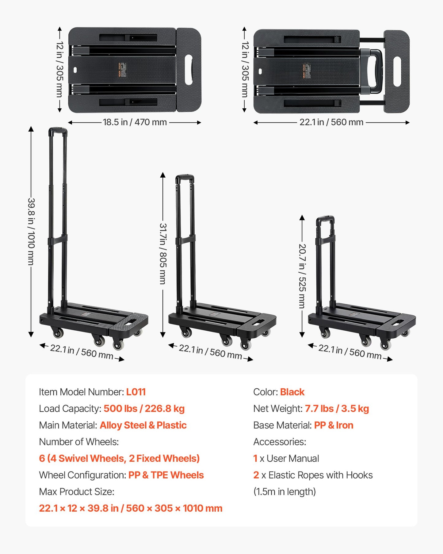 Folding Hand Truck, 226.8 kg Load Capacity, Collapsible Luggage Cart with 6 Wheels, 2 Elastic Ropes & Expandable Base, Utility Dolly Platform Cart for Airport Travel Luggage Office Moving, Black