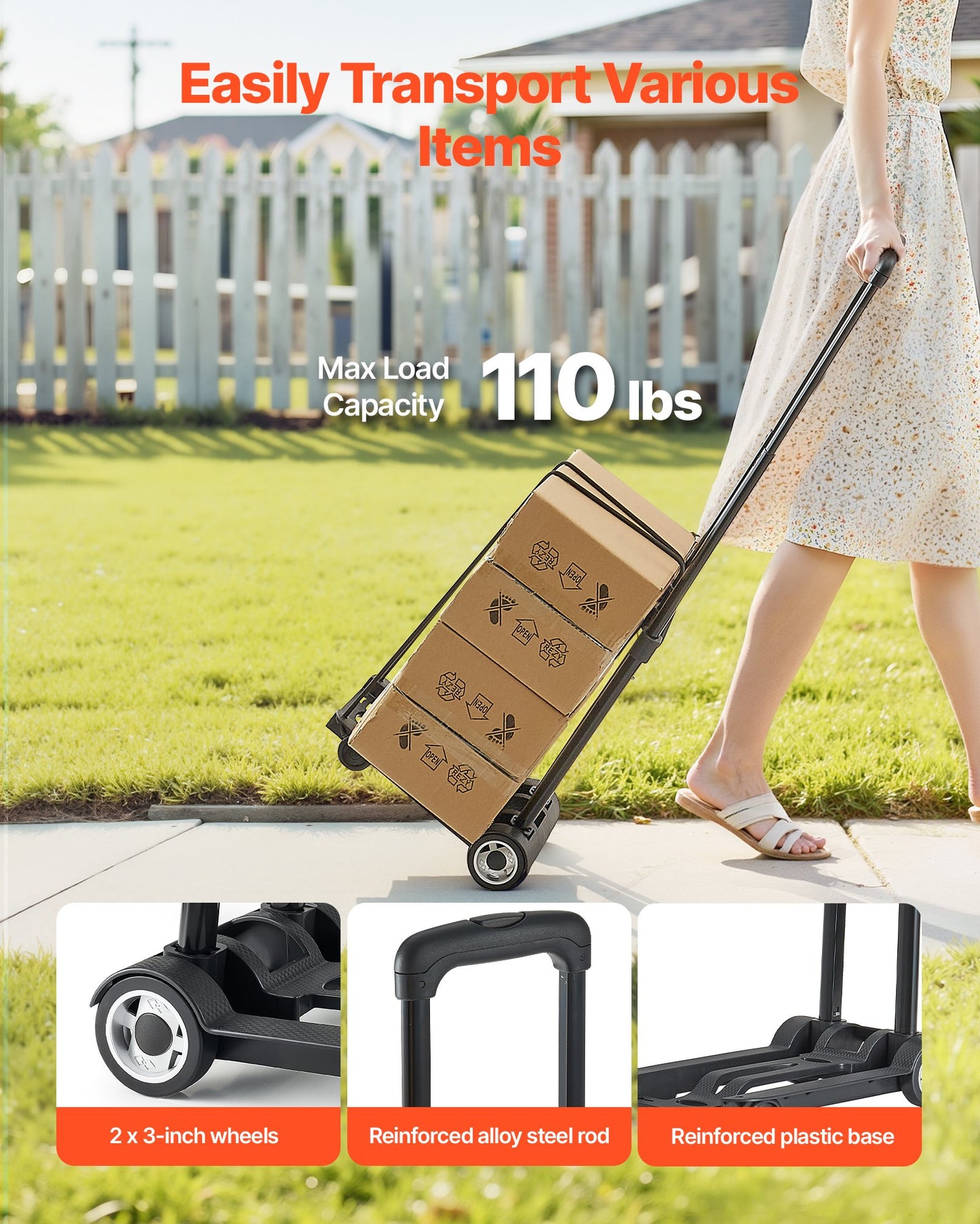 Folding Hand Truck, 49.9 kg Load Capacity, Collapsible Luggage Cart with 2 Wheels & 1 Elastic Rope, Utility Dolly Platform Cart for Airport Travel Furniture Luggage Office Moving, Black