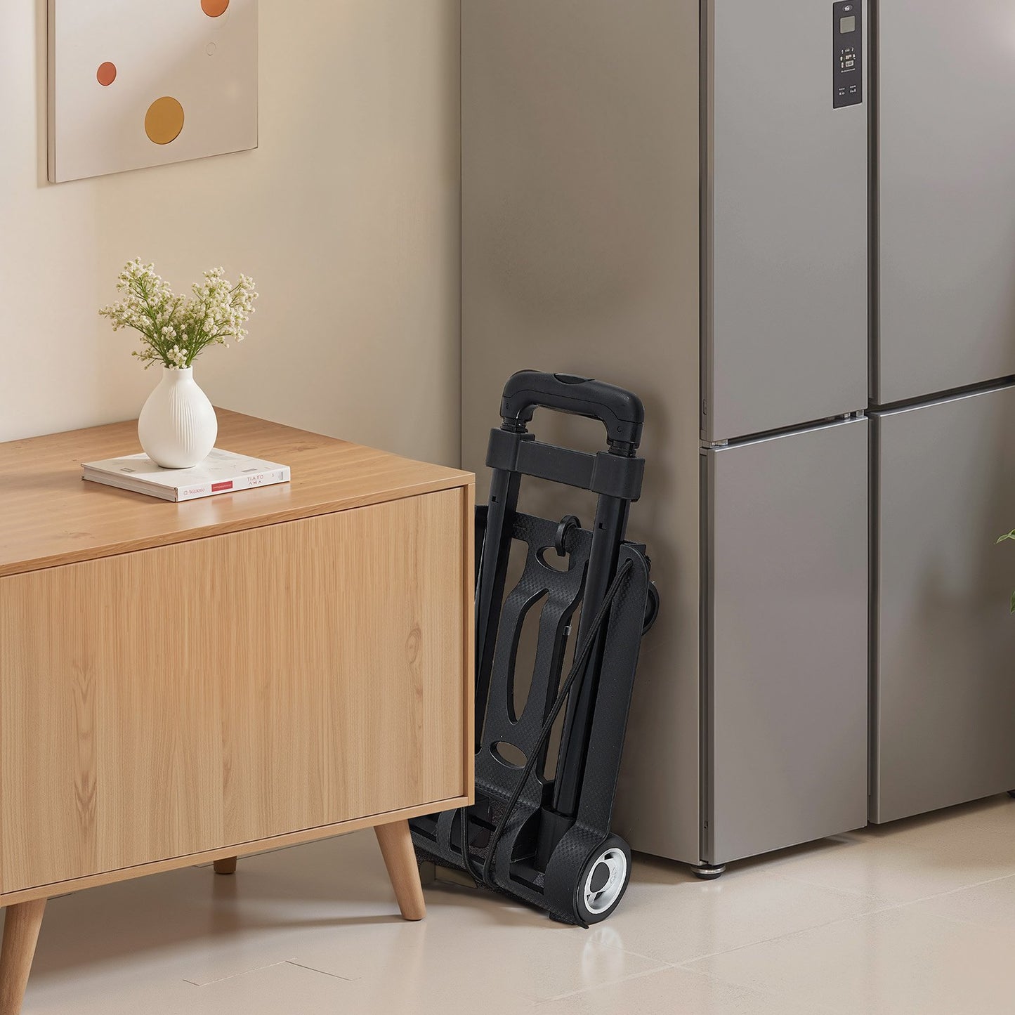 Folding Hand Truck, 49.9 kg Load Capacity, Collapsible Luggage Cart with 2 Wheels & 1 Elastic Rope, Utility Dolly Platform Cart for Airport Travel Furniture Luggage Office Moving, Black