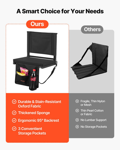 Stadionsits, Hopfällbar läktarstol med ryggstöd och tjock kudde, Vadderad stadionsits för läktare Inkluderar axelrem, krokar, mugghållare och sidoficka, Svart läktarstol