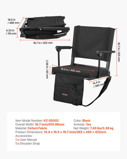Stadionsäte, bärbart läktarsäte med armstöd, ryggstöd och tjock kudde, bänkstol för läktare inkluderar axelrem, krokar, mugghållare, svarta fotbollsläktsäten, 1 st