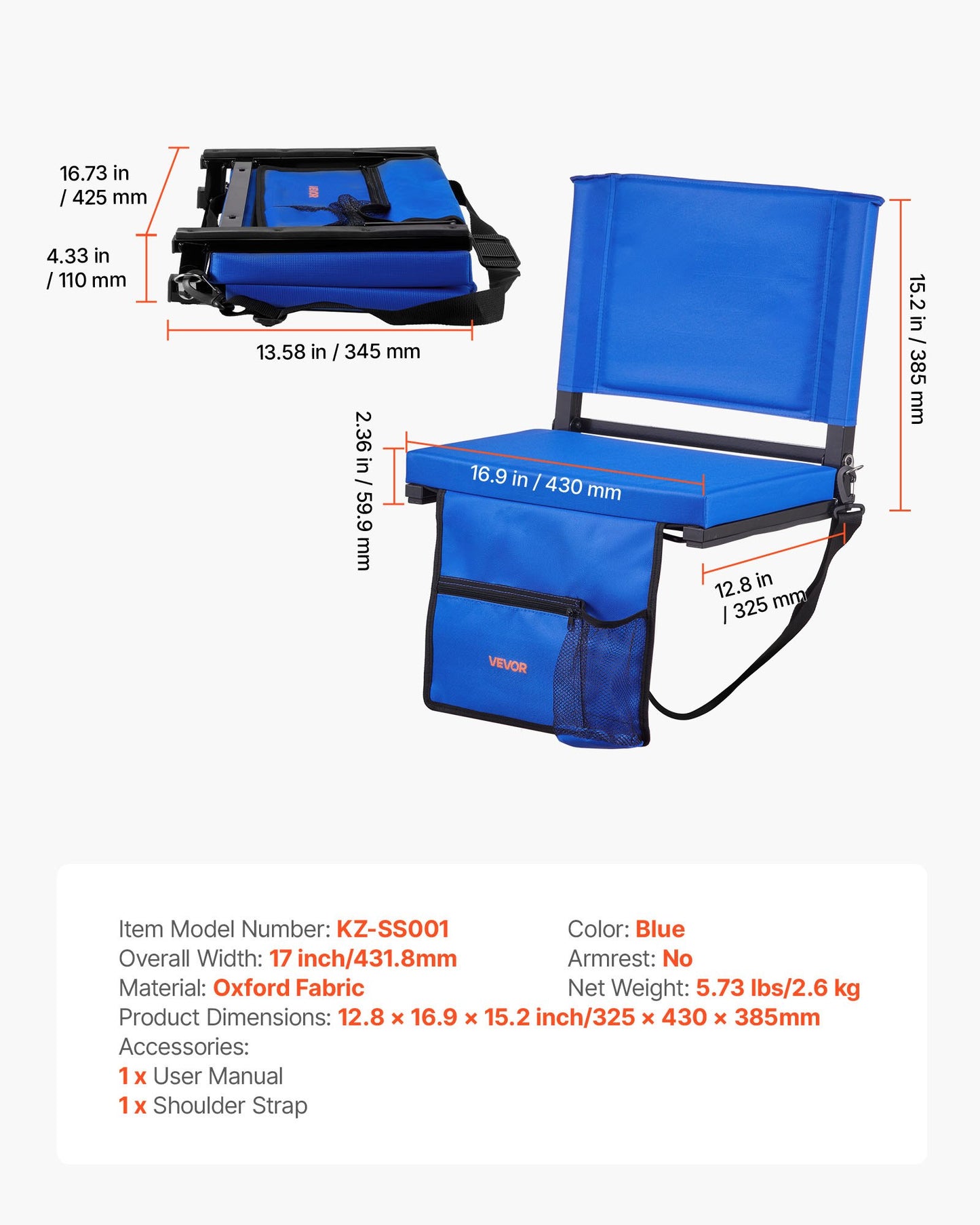 Stadionsits, hopfällbar läktarstol med ryggstöd och tjock kudde, vadderad stadionsits för läktare inkluderar axelrem, krokar, mugghållare och sidoficka, blå läktarstol