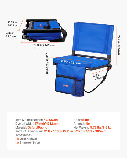 Stadionsits, hopfällbar läktarstol med ryggstöd och tjock kudde, vadderad stadionsits för läktare inkluderar axelrem, krokar, mugghållare och sidoficka, blå läktarstol