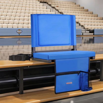 Stadionsits, hopfällbar läktarstol med ryggstöd och tjock kudde, vadderad stadionsits för läktare inkluderar axelrem, krokar, mugghållare och sidoficka, blå läktarstol