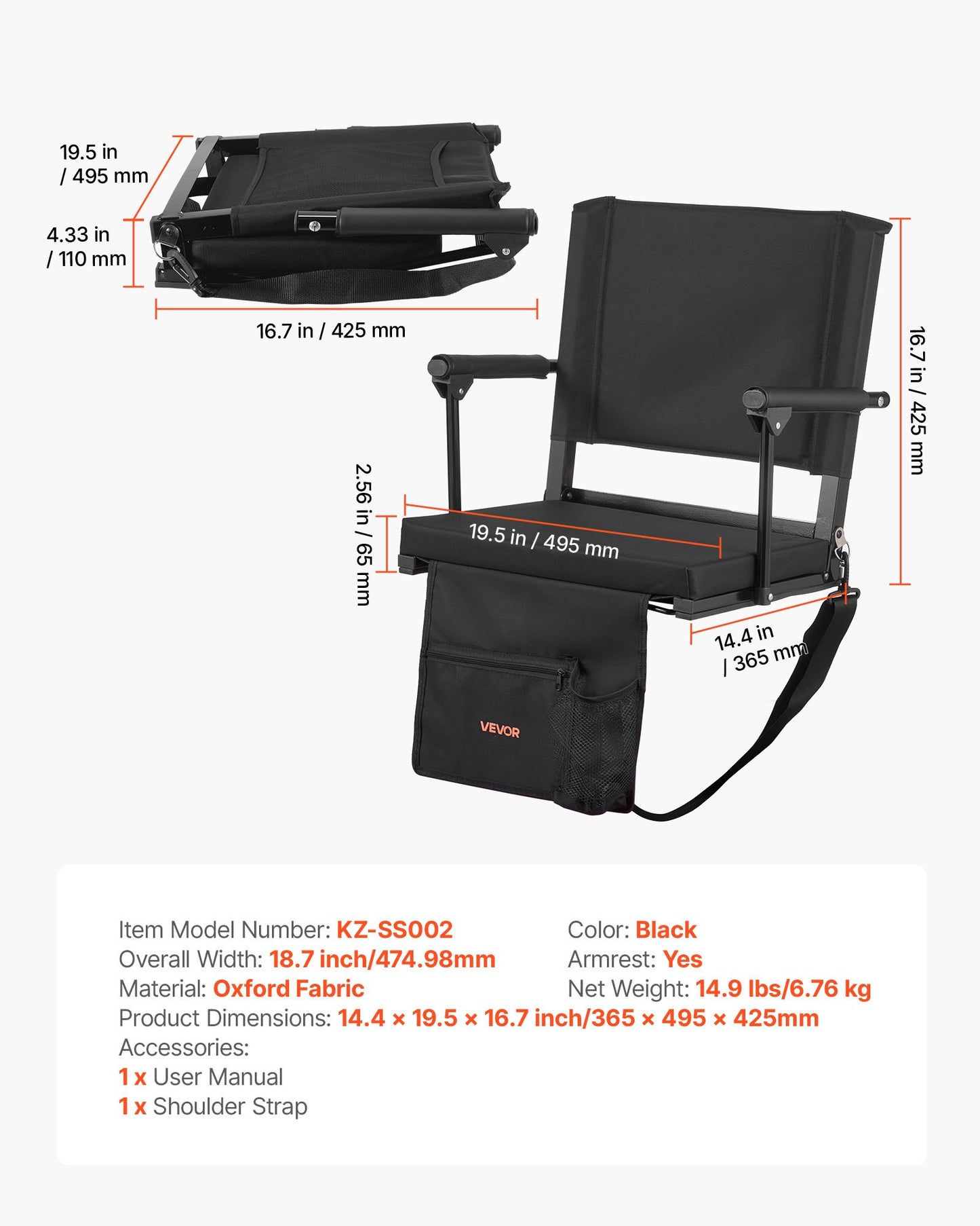 Stadionsäte, bärbart läktarsäte med armstöd, ryggstöd och tjock kudde, bänkstol för läktare inklusive axelrem, krokar, mugghållare, svarta fotbollsläktsäten, 2 st