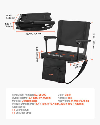 Stadionsäte, bärbart läktarsäte med armstöd, ryggstöd och tjock kudde, bänkstol för läktare inklusive axelrem, krokar, mugghållare, svarta fotbollsläktsäten, 2 st