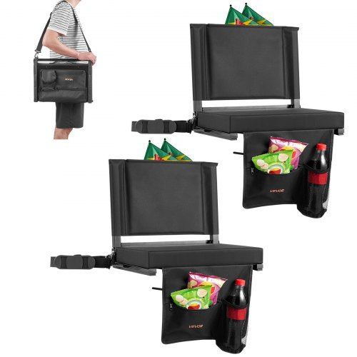 Stadionsäte, hopfällbart läktarsäte med ryggstöd och tjock kudde, vadderade stadionsäten för läktare inklusive axelrem, krokar, mugghållare och sidoficka, svart läktarstol