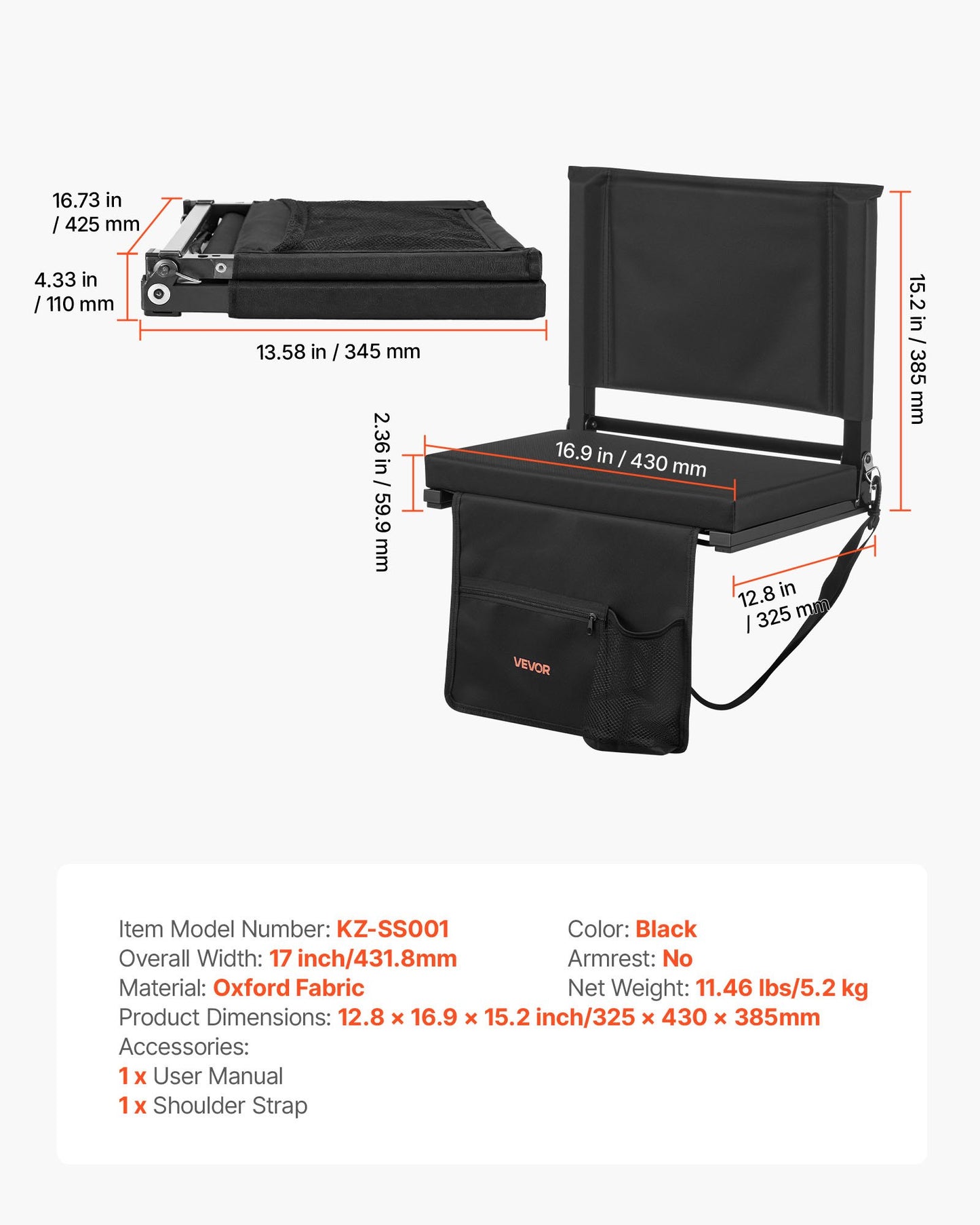 Stadionsäte, hopfällbart läktarsäte med ryggstöd och tjock kudde, vadderade stadionsäten för läktare inklusive axelrem, krokar, mugghållare och sidoficka, svart läktarstol