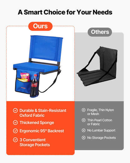 Stadium Seat, Folding Bleacher Seat with Back Support & Thick Cushion, Padded Stadium Seats for Bleacher Includes Shoulder Strap, Hooks, Cup Holder, and Side Pocket, Blue Bleachers Chair