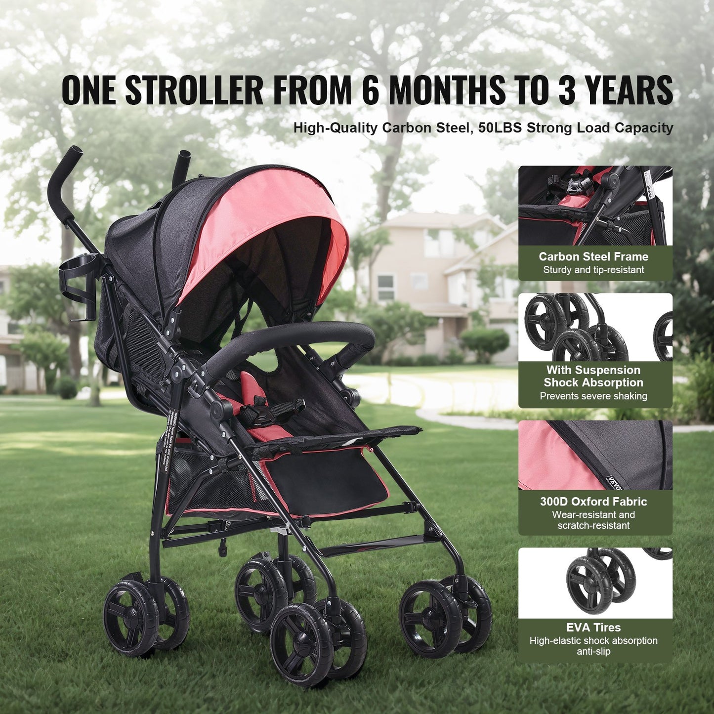 Lightweight Stroller, Compact Easy Fold MultiPosition Recline Canopy Backrest, Carbon Steel Frame, Large Storage Basket, Umbrella Toddler Baby Stroller for Travel and More, Black/Pink