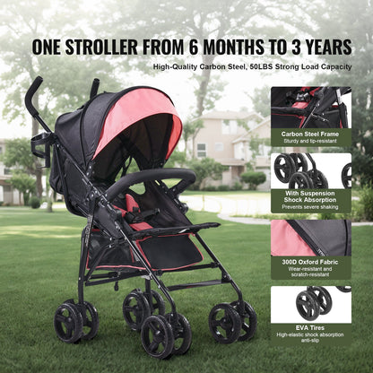 Lightweight Stroller, Compact Easy Fold MultiPosition Recline Canopy Backrest, Carbon Steel Frame, Large Storage Basket, Umbrella Toddler Baby Stroller for Travel and More, Black/Pink