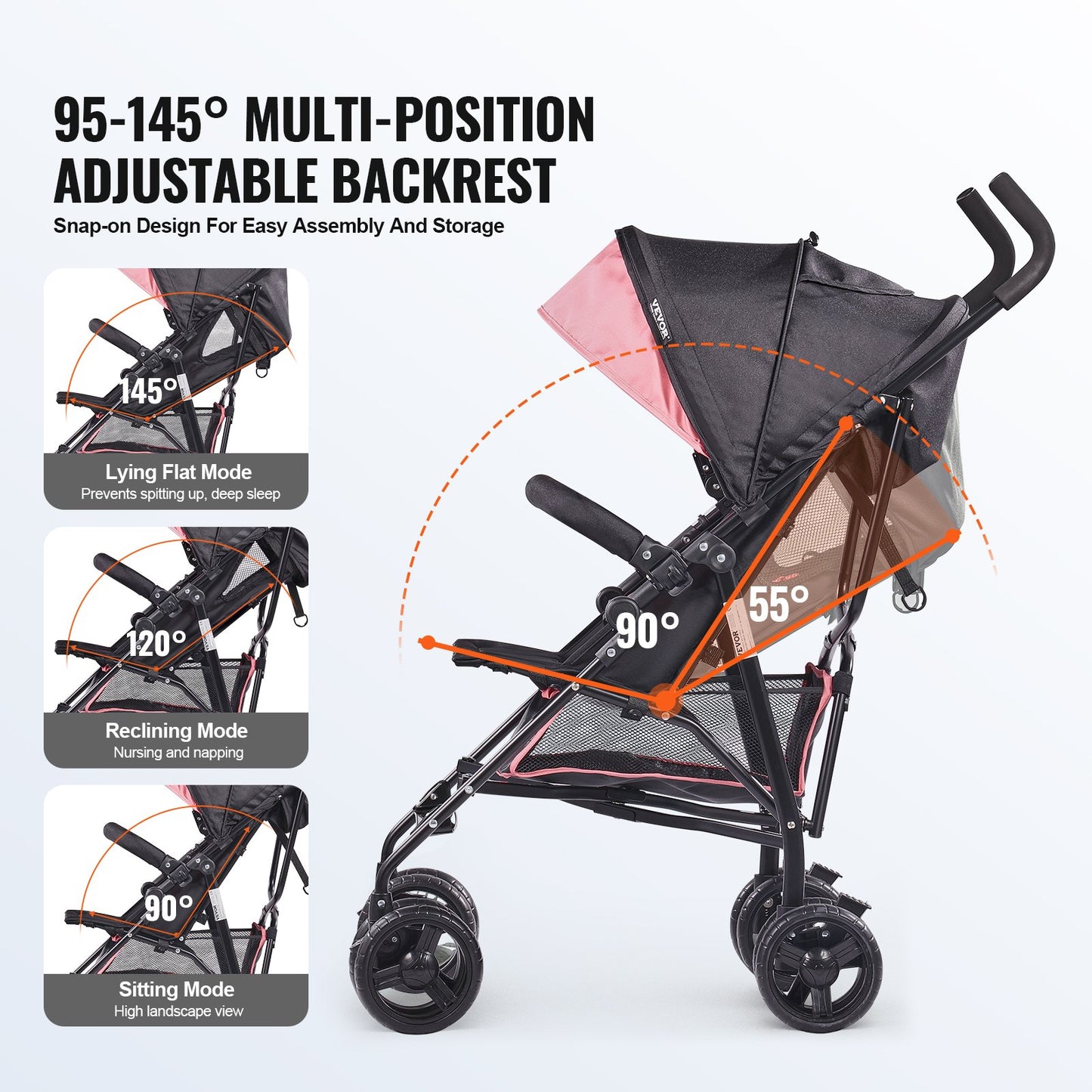 Lightweight Stroller, Compact Easy Fold MultiPosition Recline Canopy Backrest, Carbon Steel Frame, Large Storage Basket, Umbrella Toddler Baby Stroller for Travel and More, Black/Pink