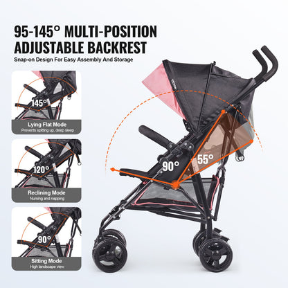 Lightweight Stroller, Compact Easy Fold MultiPosition Recline Canopy Backrest, Carbon Steel Frame, Large Storage Basket, Umbrella Toddler Baby Stroller for Travel and More, Black/Pink