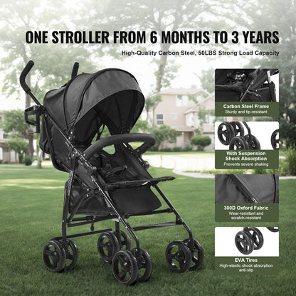 Lightweight Stroller, Compact Easy Fold MultiPosition Recline Canopy Backrest, Carbon Steel Frame, Large Storage Basket,Cup Holder, Umbrella Toddler Baby Stroller for Travel and More, Black