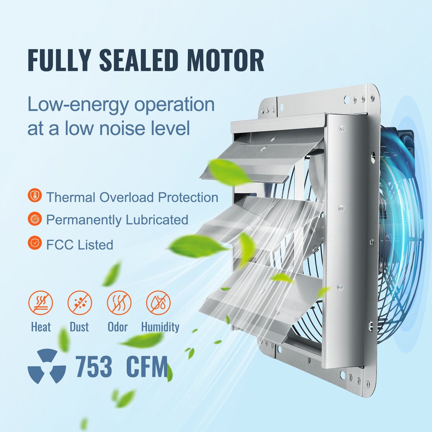 Shutter Exhaust Fan, 254 mm High-speed 1400RPM 753 CFM, Aluminum Wall Mount Attic Fan with AC-motor, Ventilation and Cooling for Greenhouses, Garages, Sheds, Shops