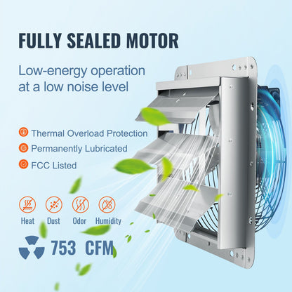Shutter Exhaust Fan, 254 mm High-speed 1400RPM 753 CFM, Aluminum Wall Mount Attic Fan with AC-motor, Ventilation and Cooling for Greenhouses, Garages, Sheds, Shops
