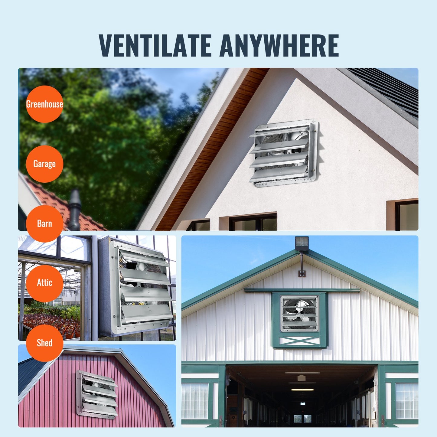 Shutter Exhaust Fan, 406 mm High-speed 1400RPM 2000 CFM, Aluminum Wall Mount Attic Fan with AC-motor, Ventilation and Cooling for Greenhouses, Garages, Sheds, Shops